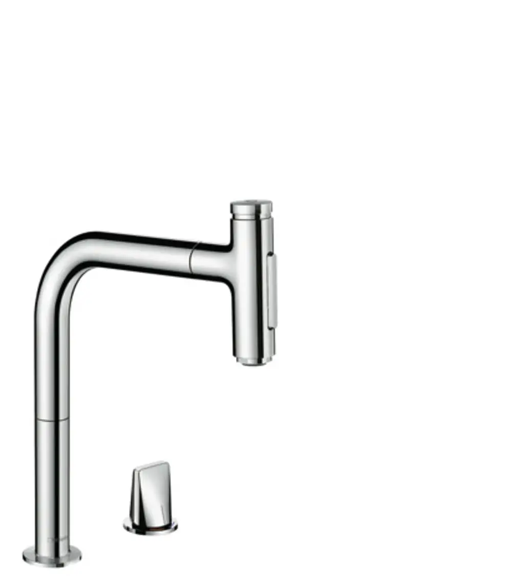 Hansgrohe Auszieharmatur in chrom, mit einem flexiblen Auslauf und Steuerungsknopf, montiert auf einer horizontalen Basis.